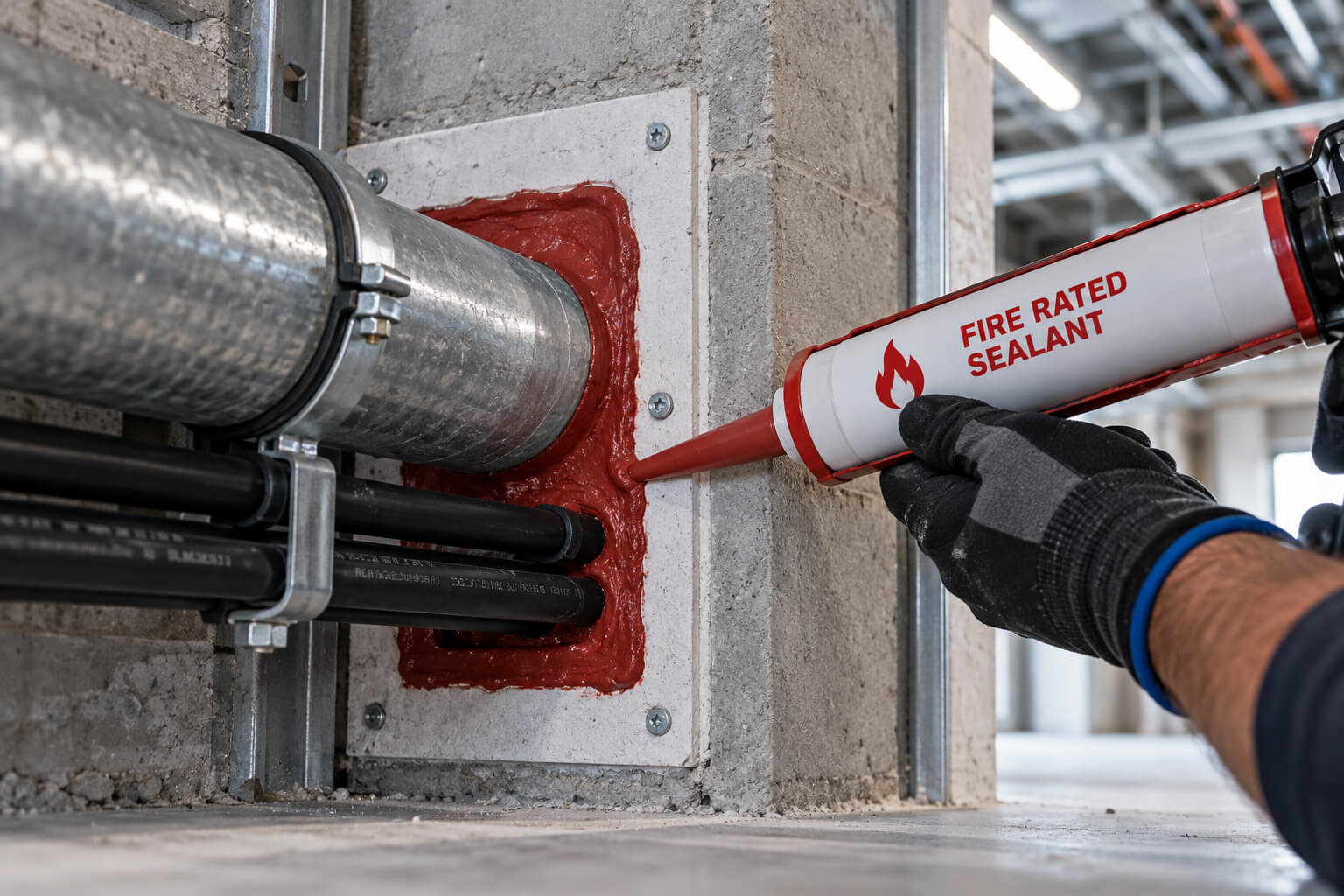 Fire rated caulking sealing a service penetration